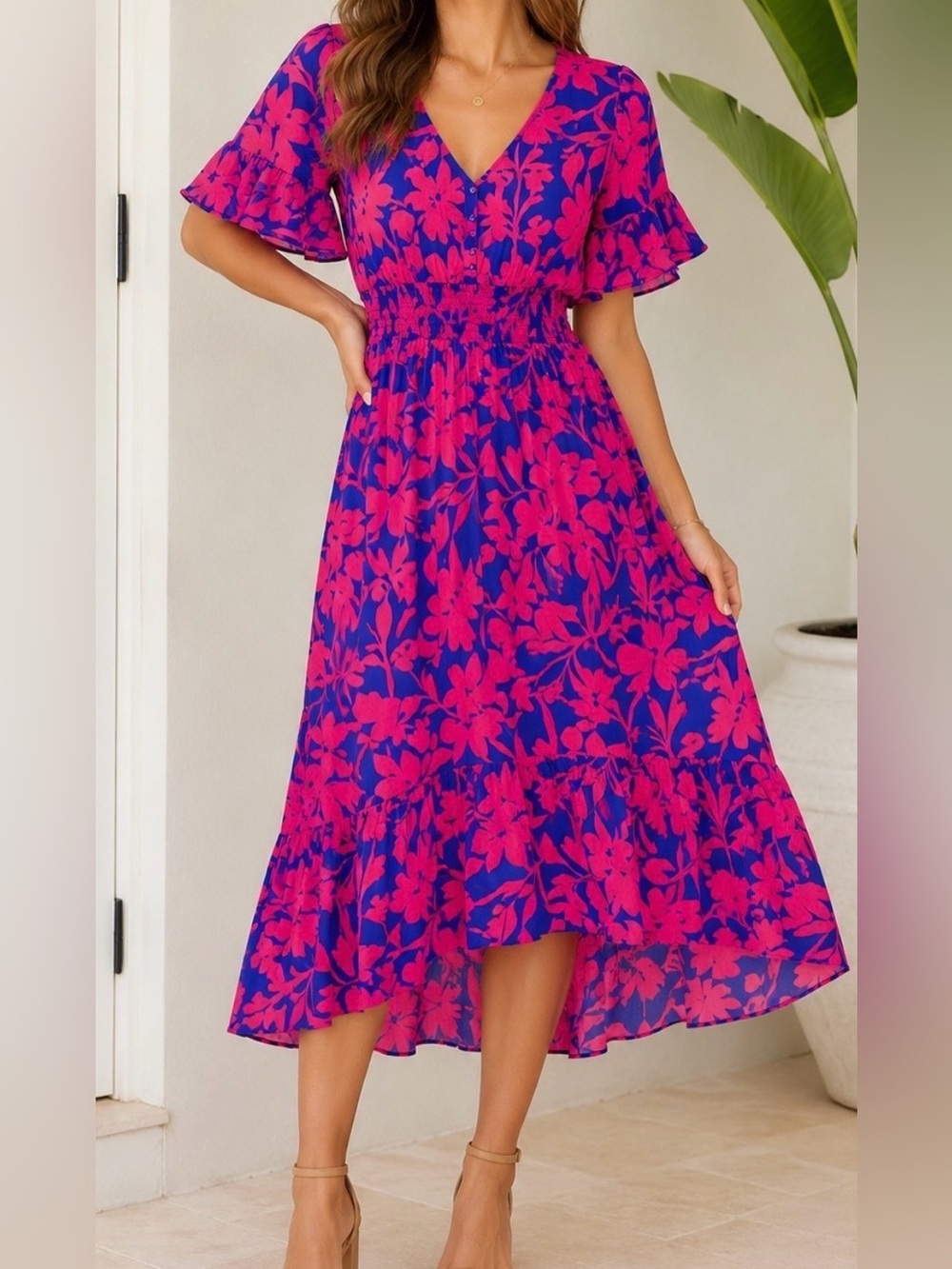 Abel the label Vibrant Pink & Blue Floral Midi Dress size medium